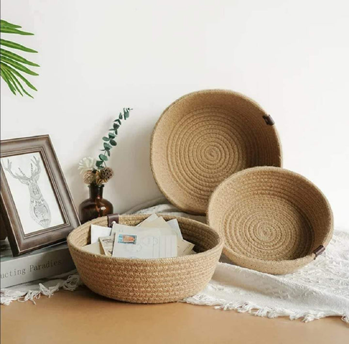 Natural Beige Cotton Rope Storage Bowl Set with Leather Tabs