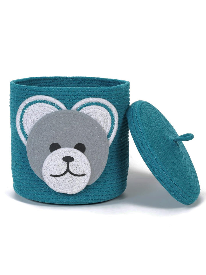Teal Bear Face Storage Basket with Lid for Kids Toy Room