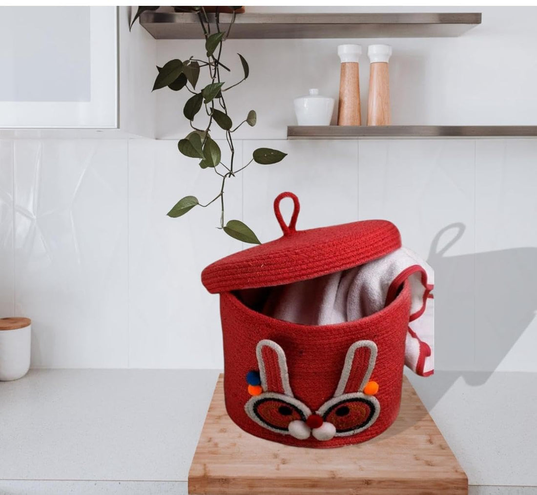 Red Bunny Face Storage Basket with Lid for Kids Toy Room