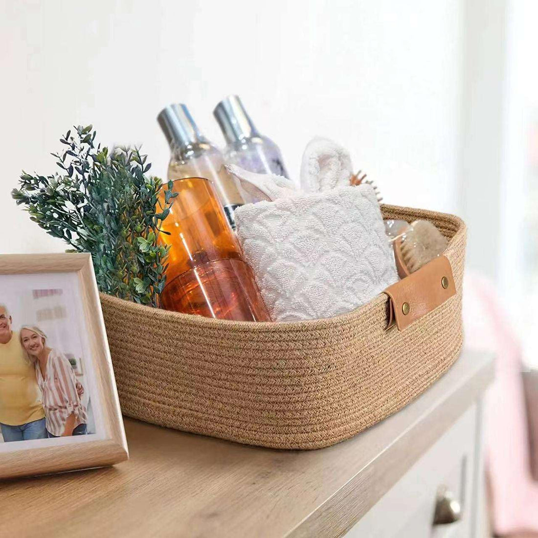 Beige Cotton Rope Storage Bowl with Leather Handles