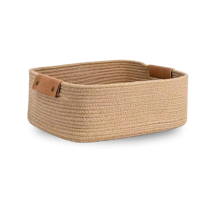 Beige Cotton Rope Storage Bowl with Leather Handles