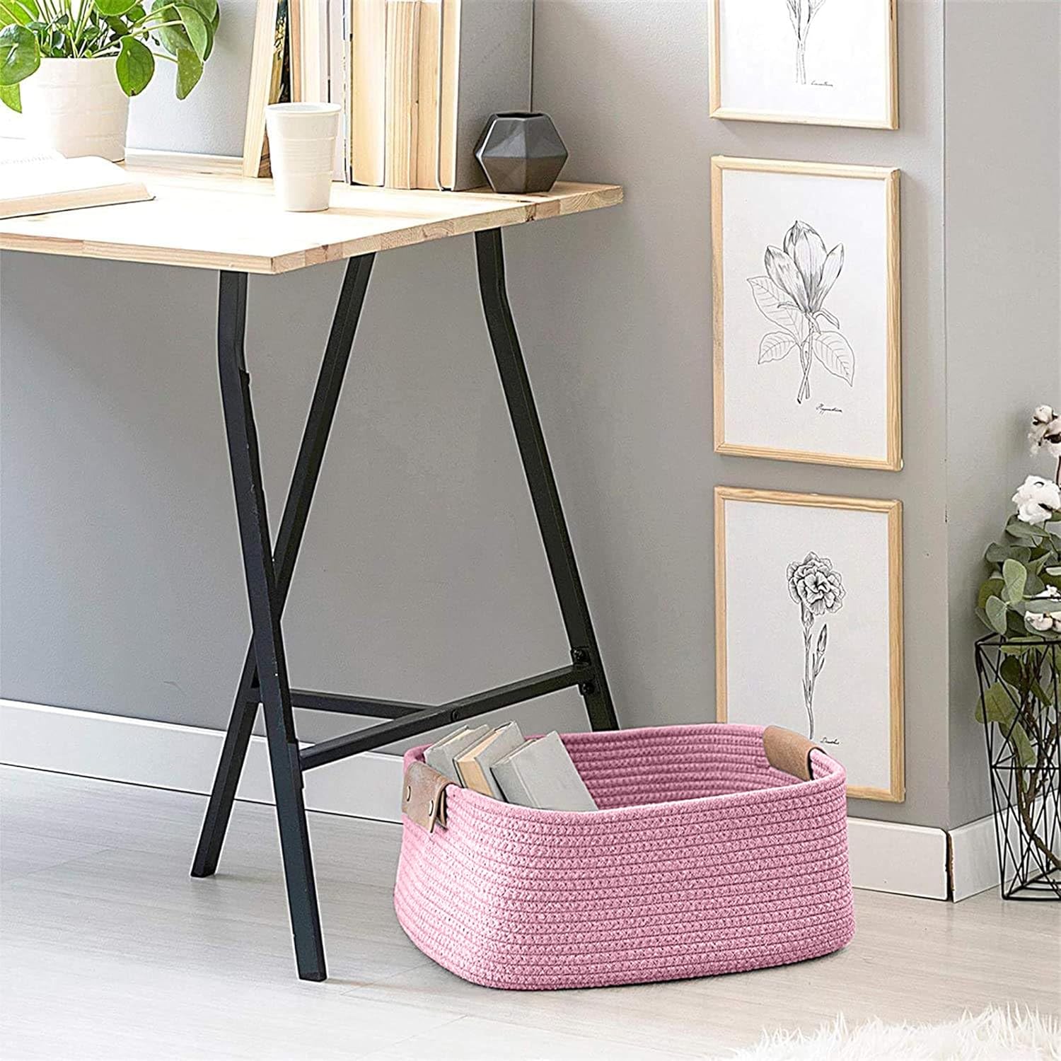 Soft Pink Cotton Rope Storage Basket with Handles