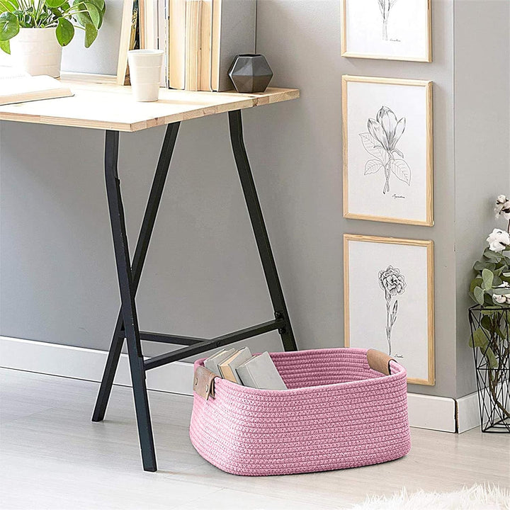 Soft Pink Cotton Rope Storage Basket with Handles