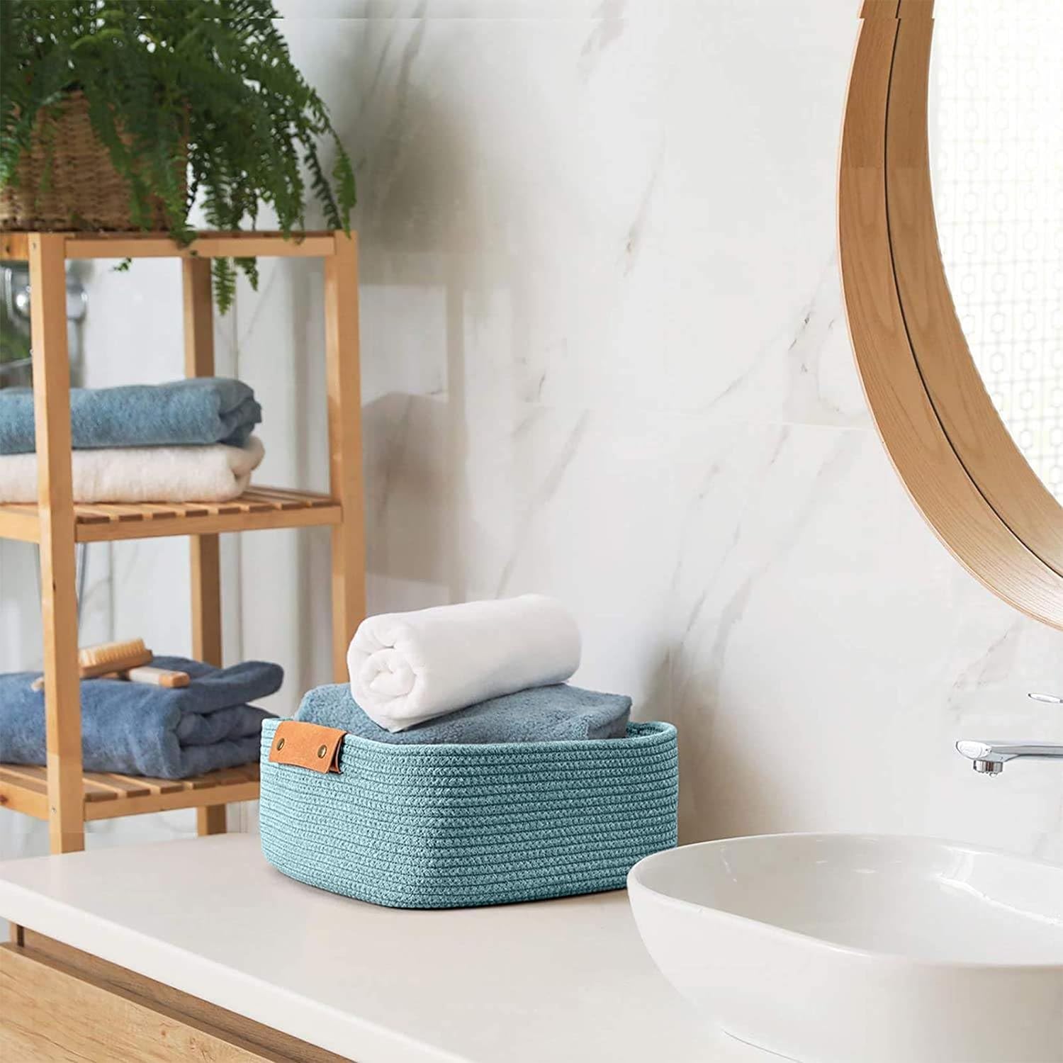 Sky Blue Cotton Rope Storage Basket with Handles