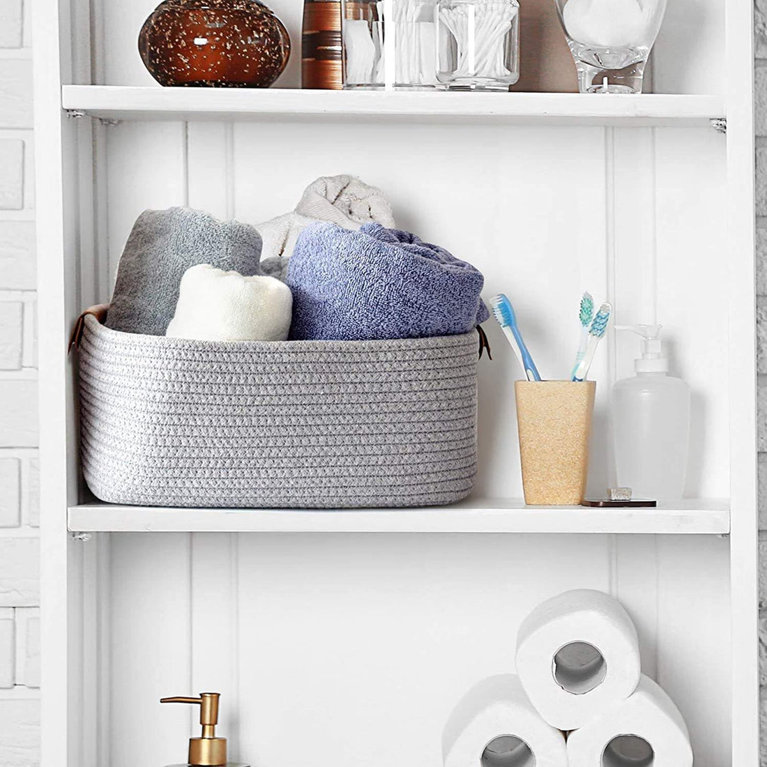 Light Grey Cotton Rope Storage Basket with Handles
