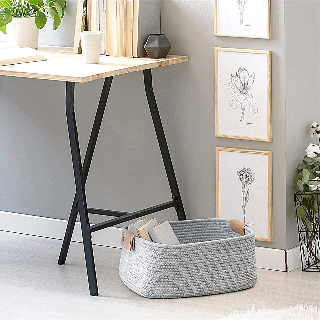 Light Grey Cotton Rope Storage Basket with Handles