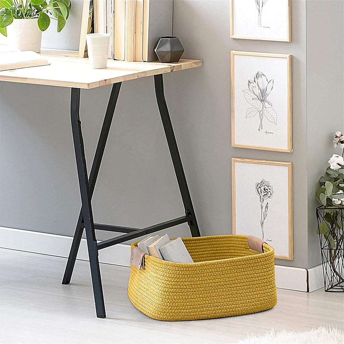 Mustard Cotton Rope Storage Basket with Handles