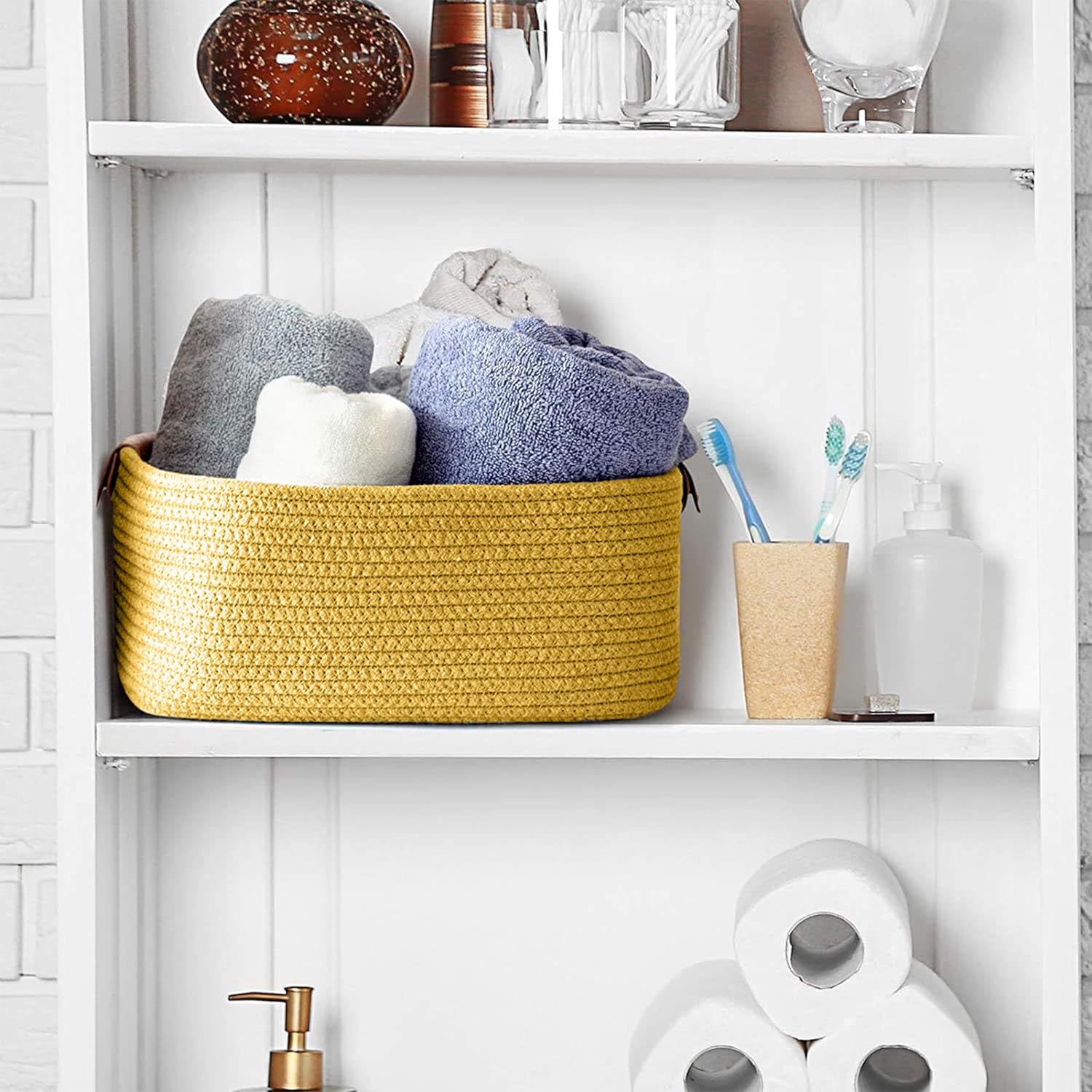 Mustard Cotton Rope Storage Basket with Handles