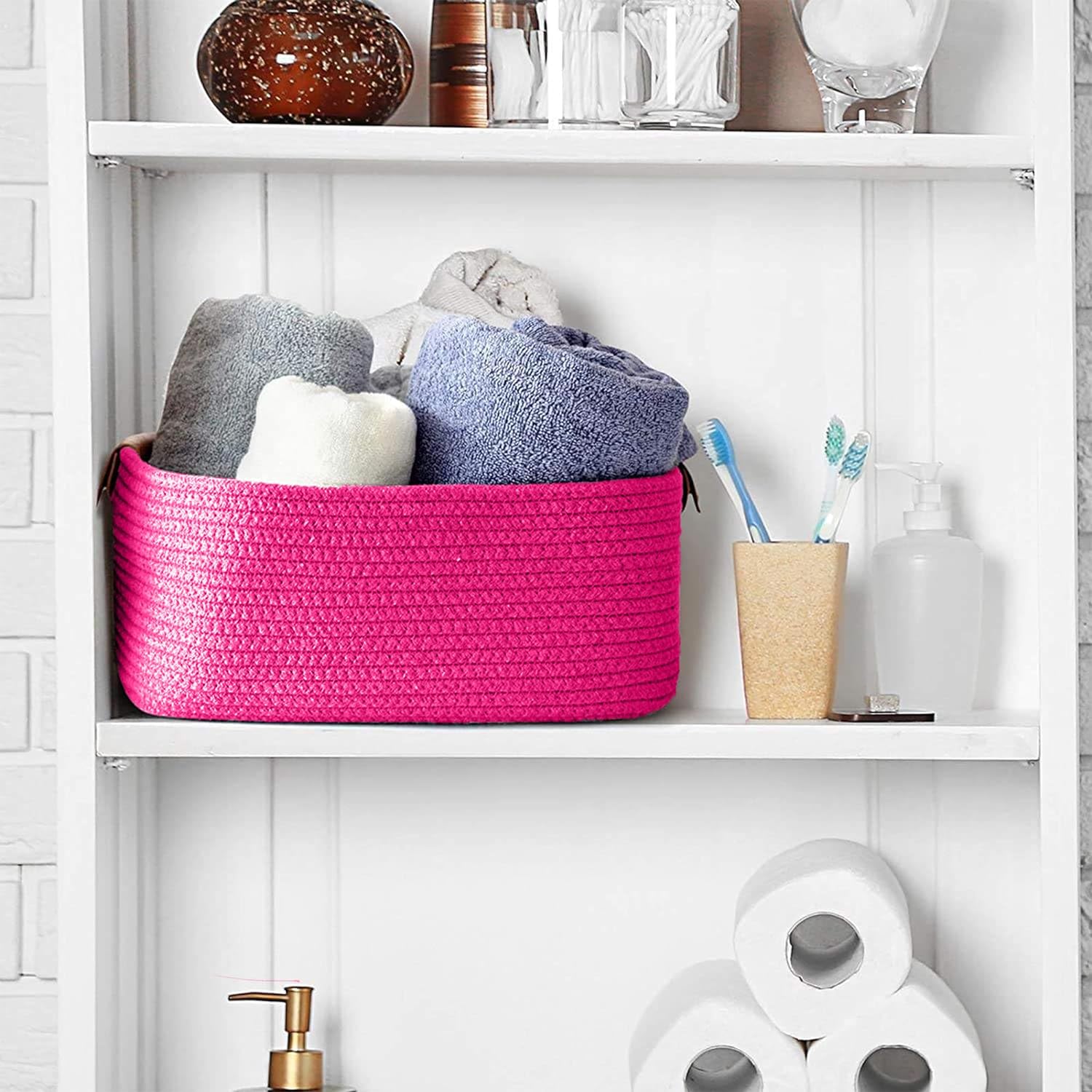 Hot Pink Cotton Rope Storage Basket with Handles