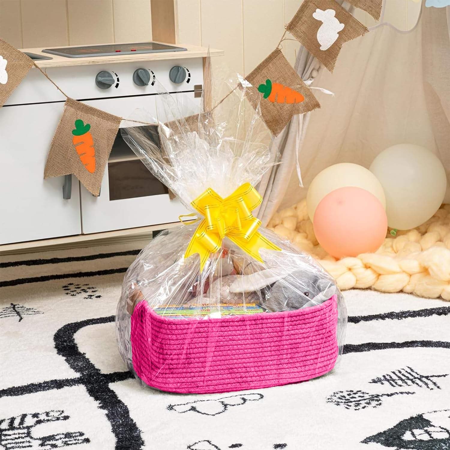 Hot Pink Cotton Rope Storage Basket with Handles
