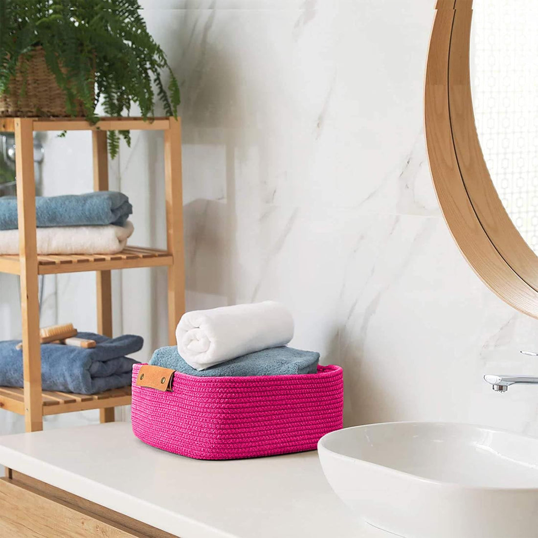 Hot Pink Cotton Rope Storage Basket with Handles