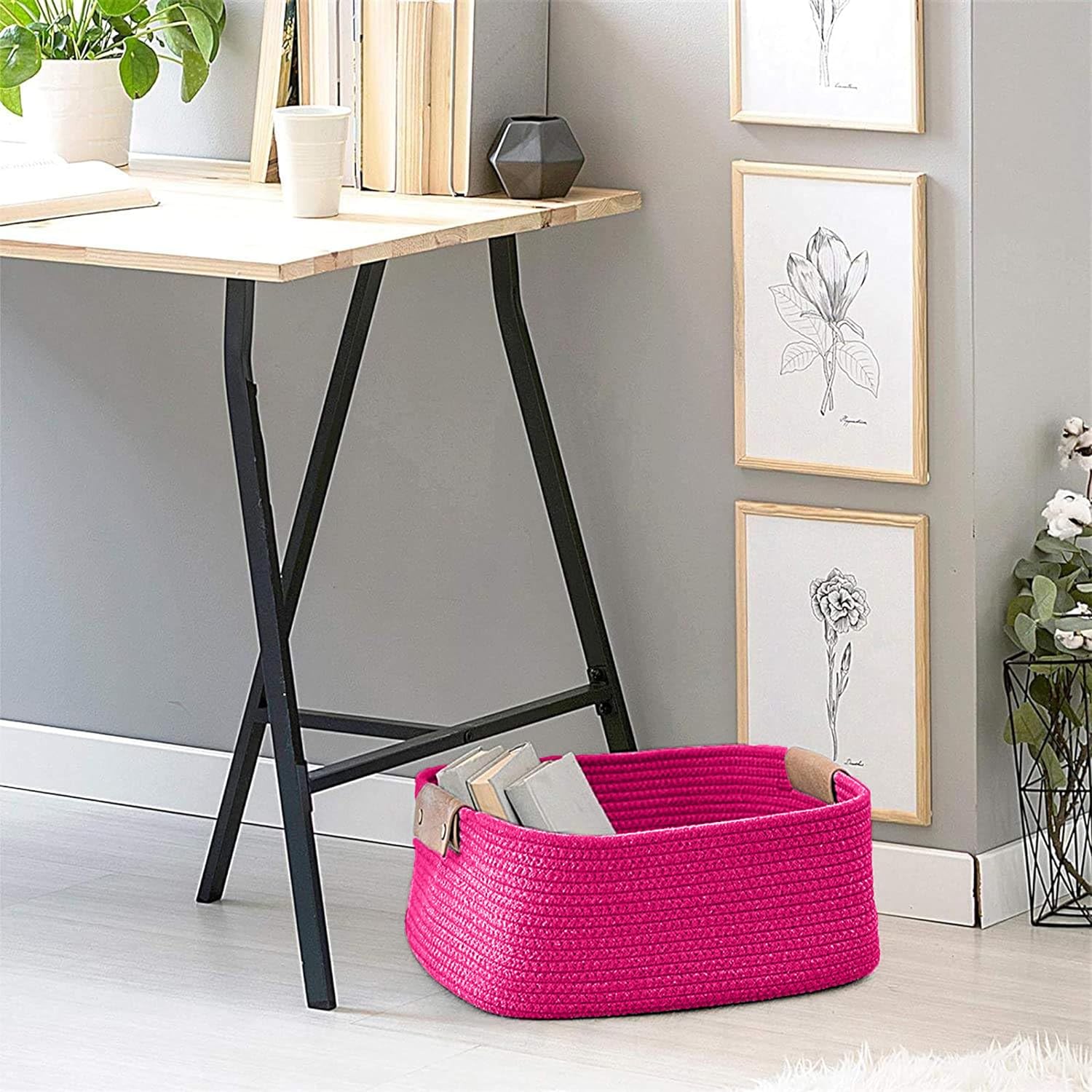 Hot Pink Cotton Rope Storage Basket with Handles