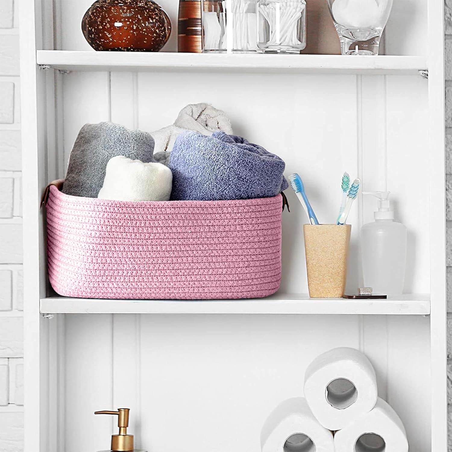 Soft Pink Cotton Rope Storage Basket with Handles