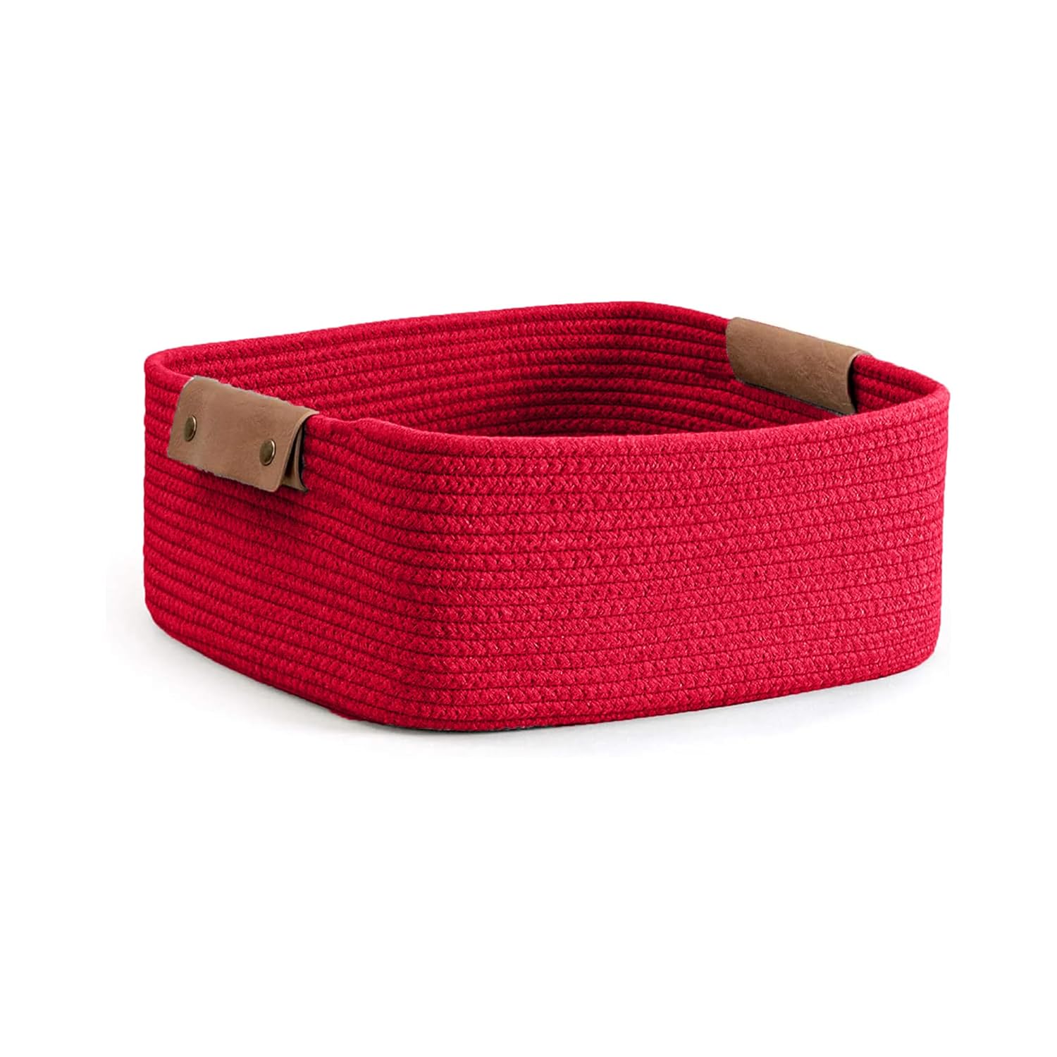 Red Cotton Rope Storage Basket with Leather Handles