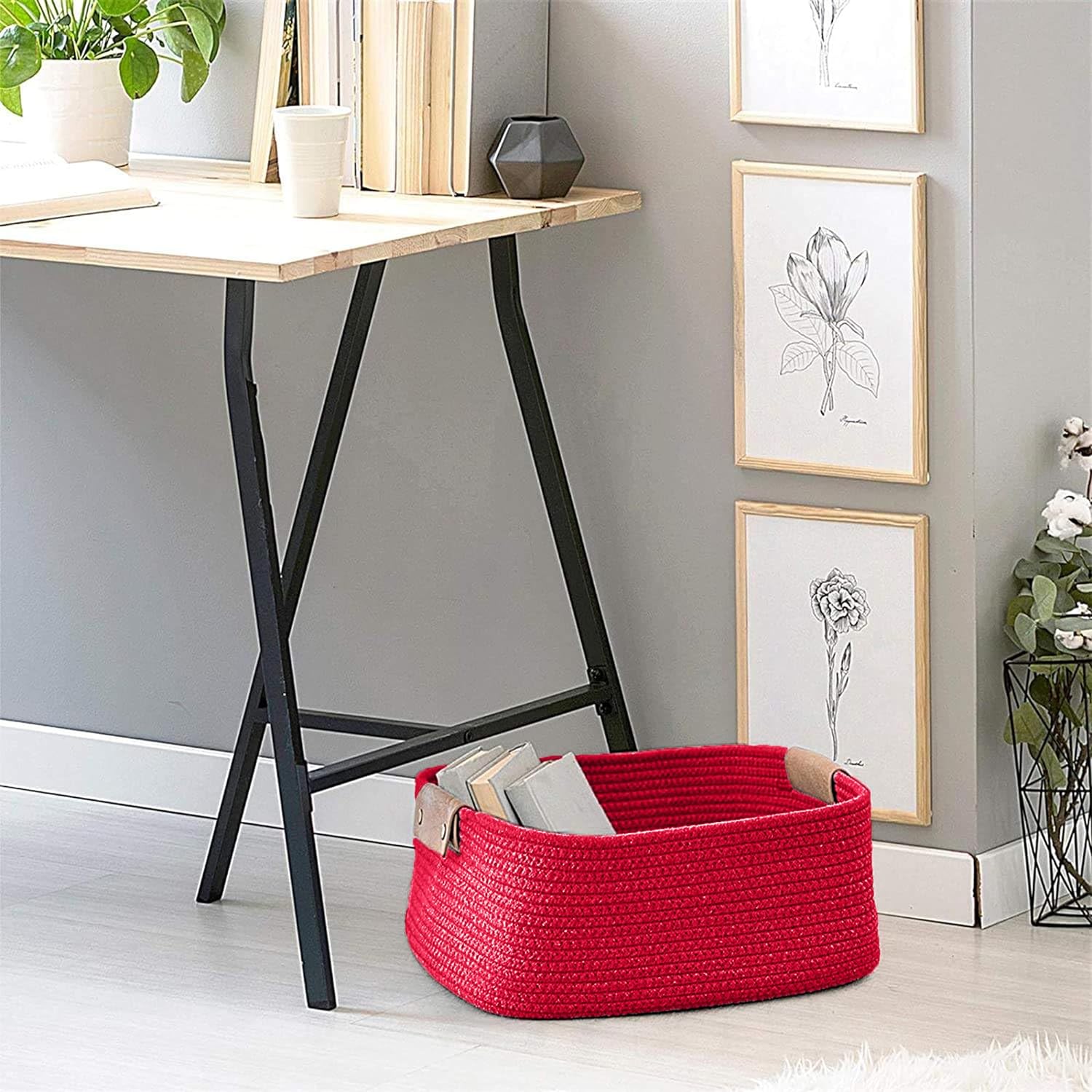 Red Cotton Rope Storage Basket with Leather Handles
