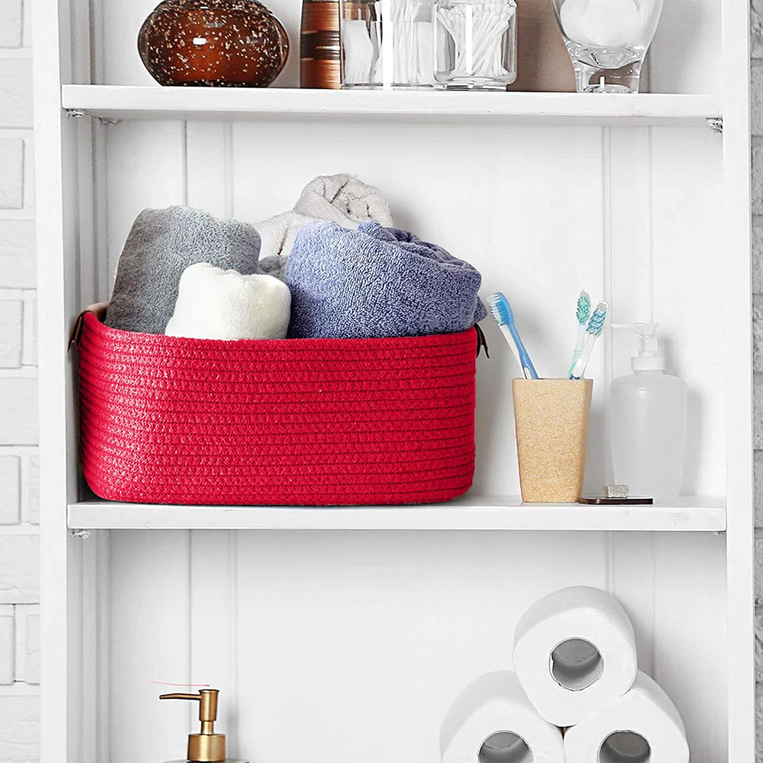 Red Cotton Rope Storage Basket with Leather Handles