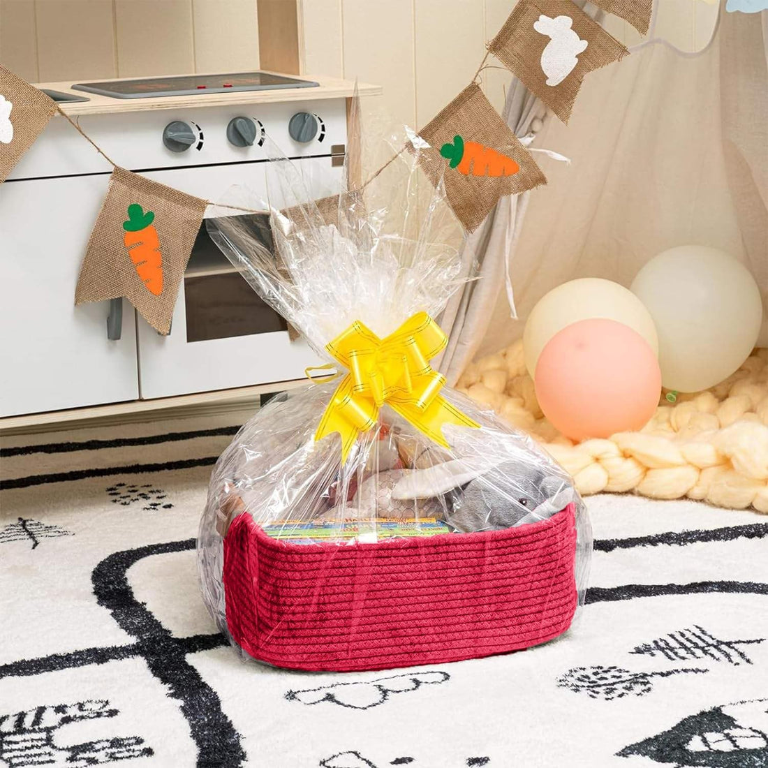 Red Cotton Rope Storage Basket with Leather Handles