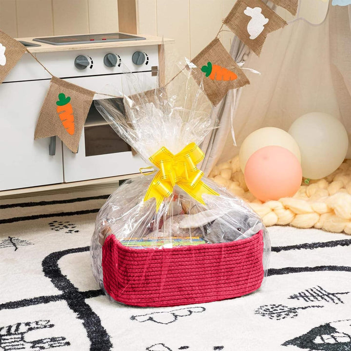 Red Cotton Rope Storage Basket with Leather Handles