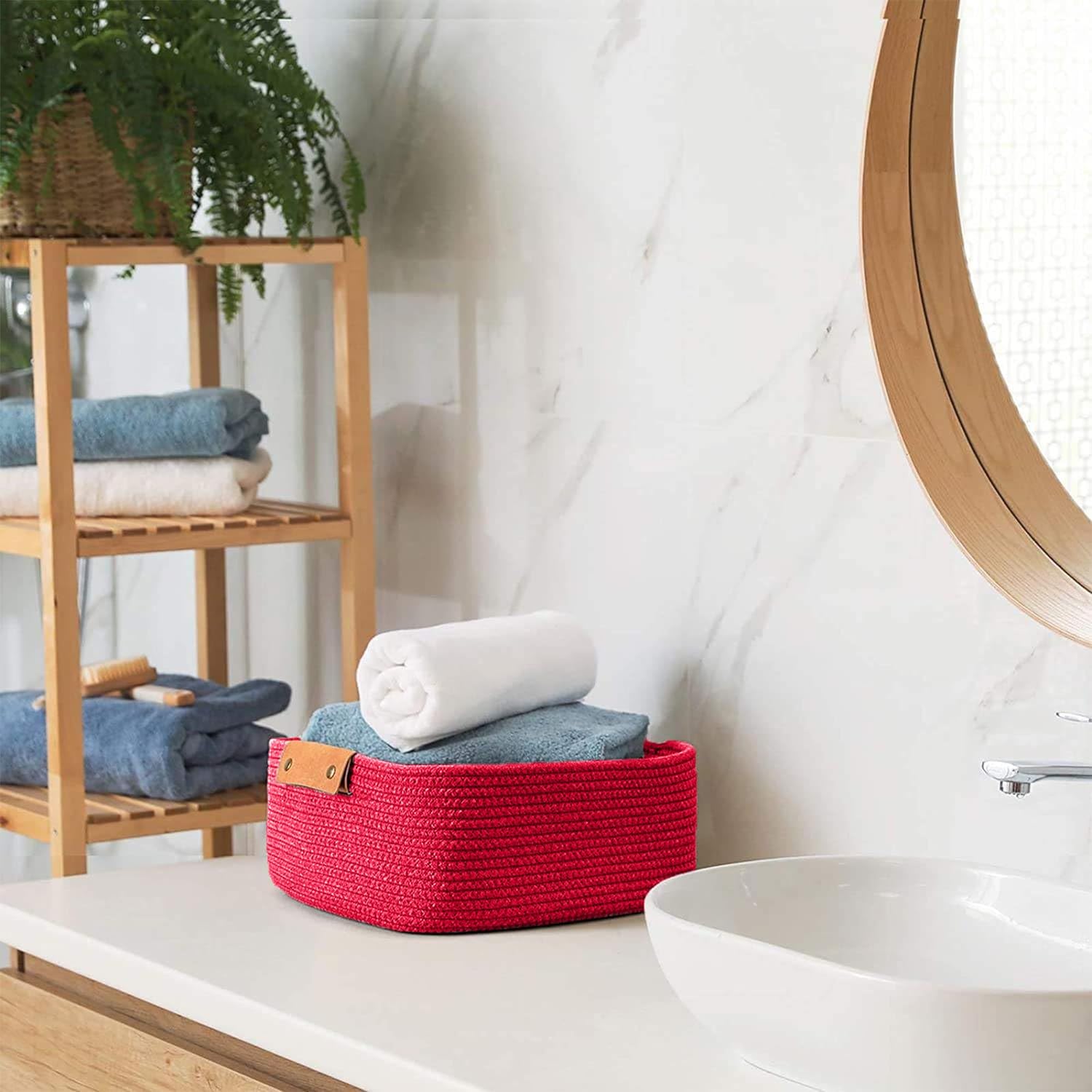 Red Cotton Rope Storage Basket with Leather Handles