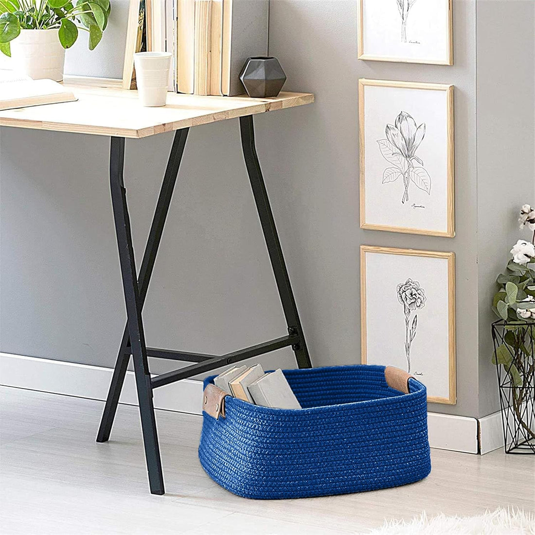 Royal Blue Cotton Rope Storage Basket with Handles