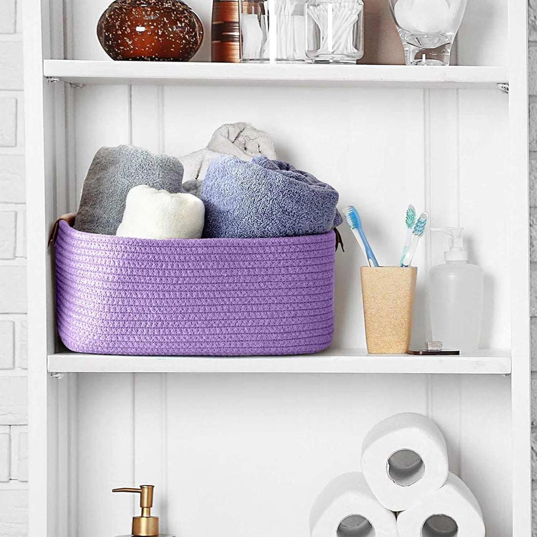 Lavender Cotton Rope Storage Basket with Handles