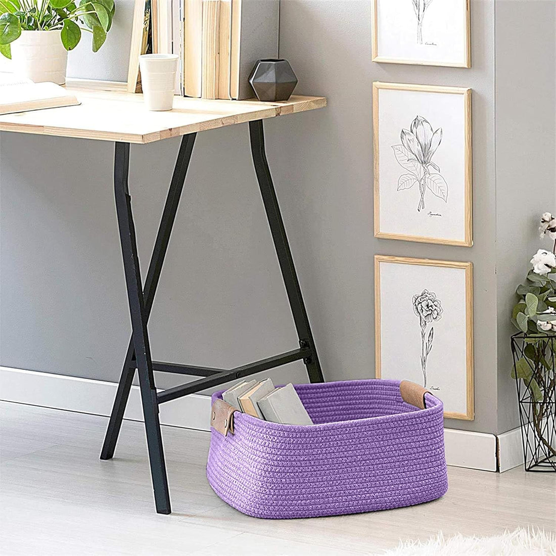 Lavender Cotton Rope Storage Basket with Handles