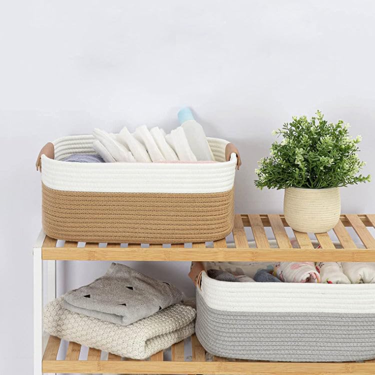 Beige & White Cotton Rope Storage Bowl with Handles
