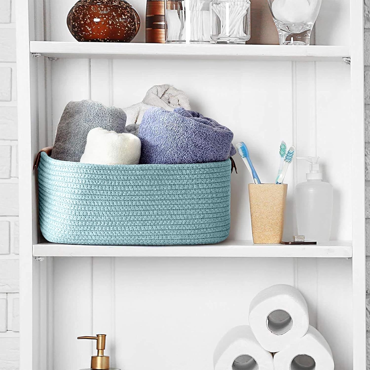 Sky Blue Cotton Rope Storage Basket with Handles