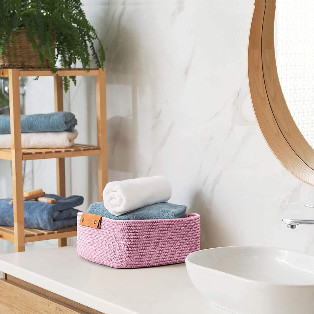 Soft Pink Cotton Rope Storage Basket with Handles