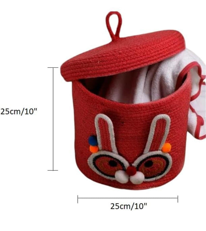Red Bunny Face Storage Basket with Lid for Kids Toy Room