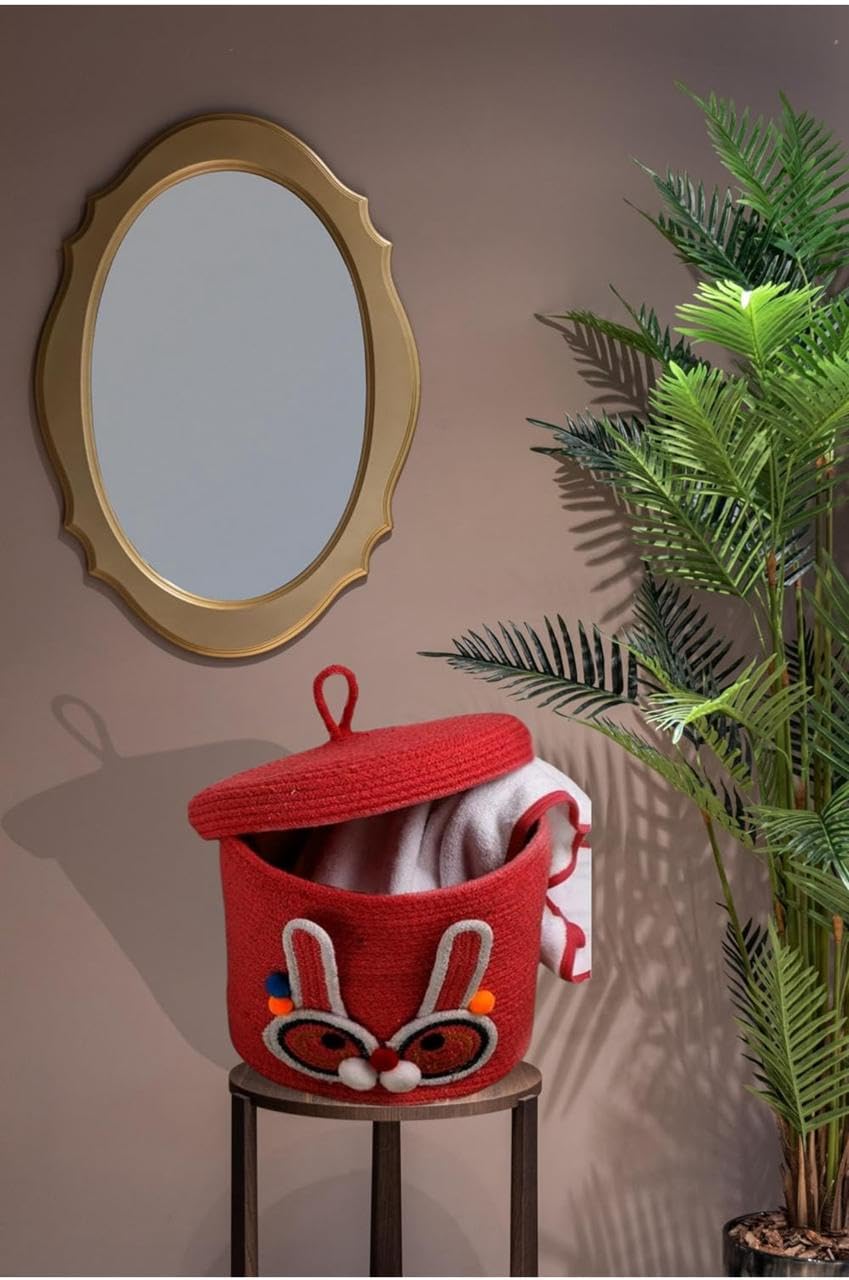 Red Bunny Face Storage Basket with Lid for Kids Toy Room