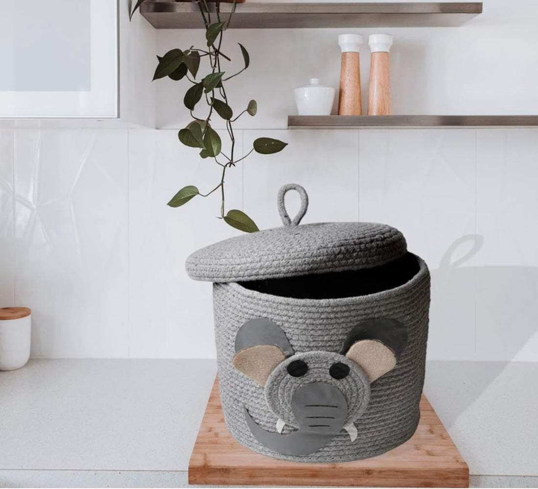 Grey Elephant Storage Basket with Lid for Kids Toy Room