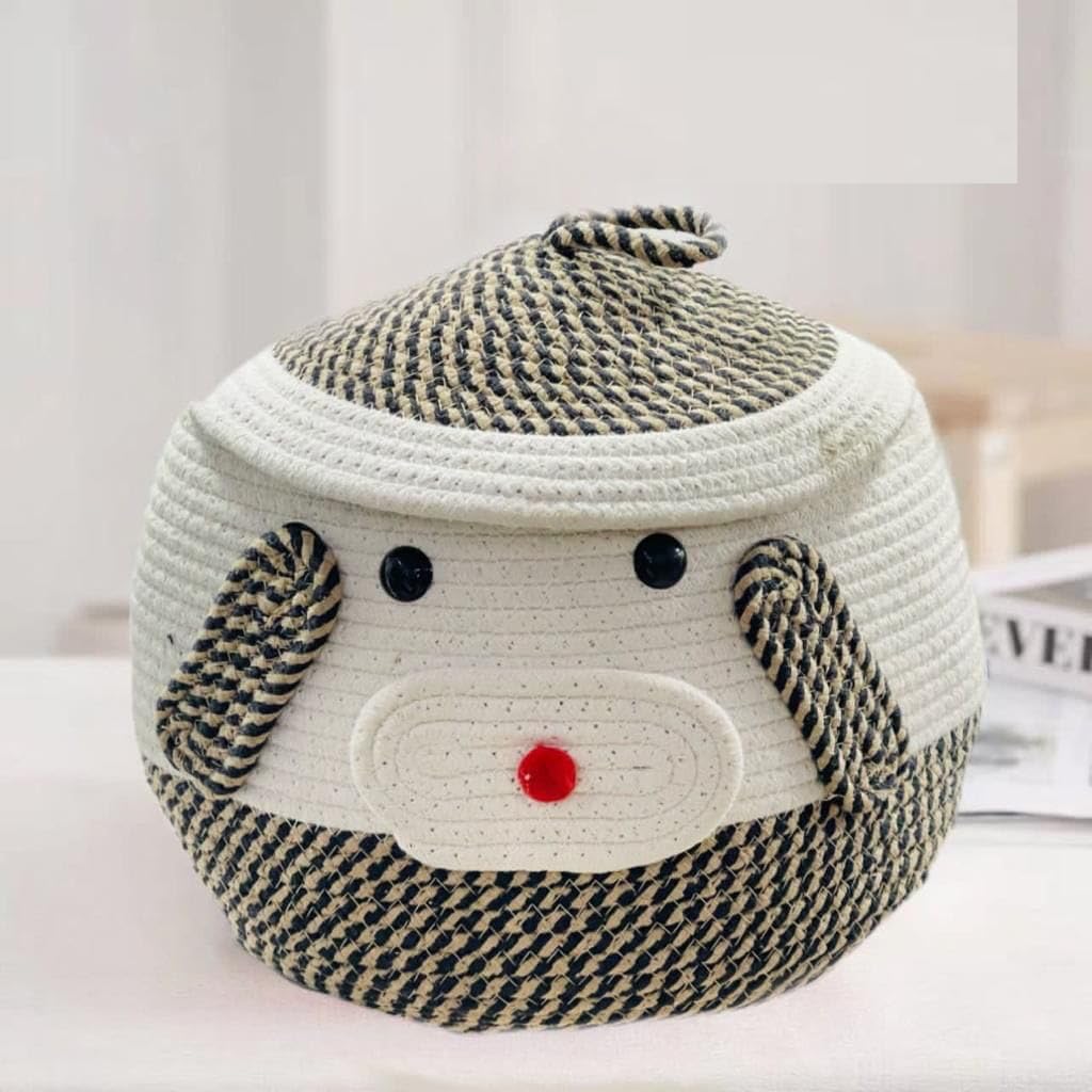 Cream & Black Cotton Rope Dog Face Matka Storage Basket