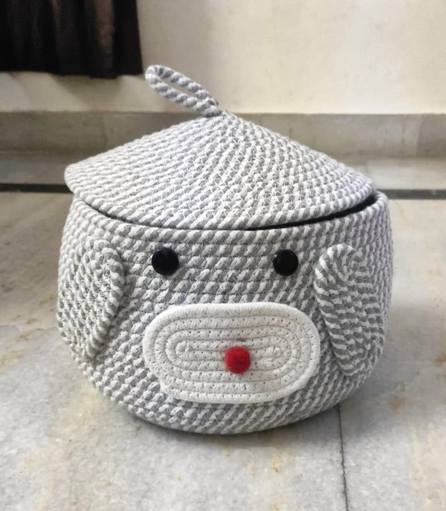 Grey Cotton Rope Dog Face Matka Storage Basket with Lid