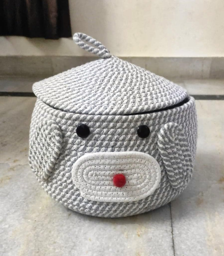 Grey Cotton Rope Dog Face Matka Storage Basket with Lid