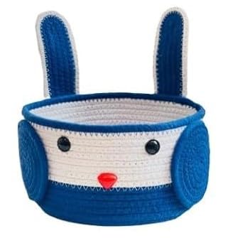 Blue & White Rabbit Face Cotton Rope Matka Storage Basket