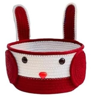 Red & White Rabbit Face Cotton Rope Matka Storage Basket