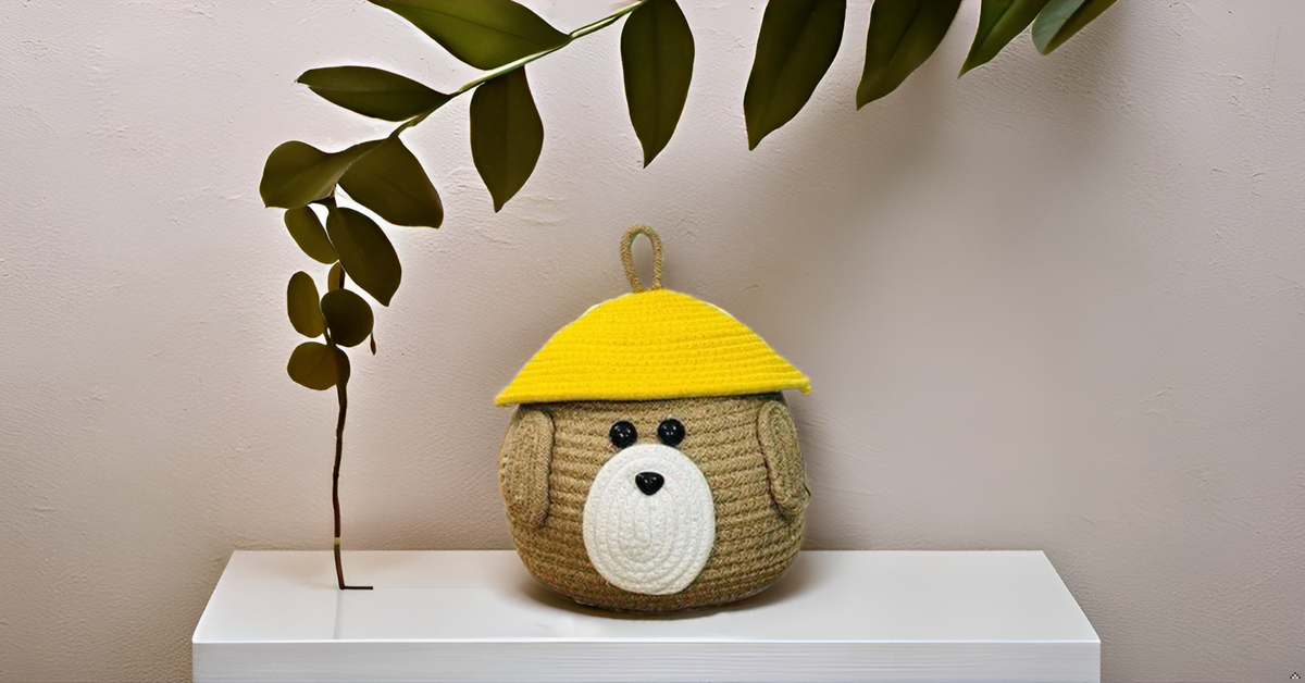 Brown Dog Face Cotton Rope Matka Basket with Yellow Lid