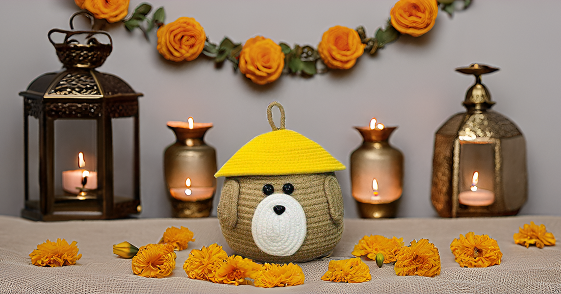 Brown Dog Face Cotton Rope Matka Basket with Yellow Lid