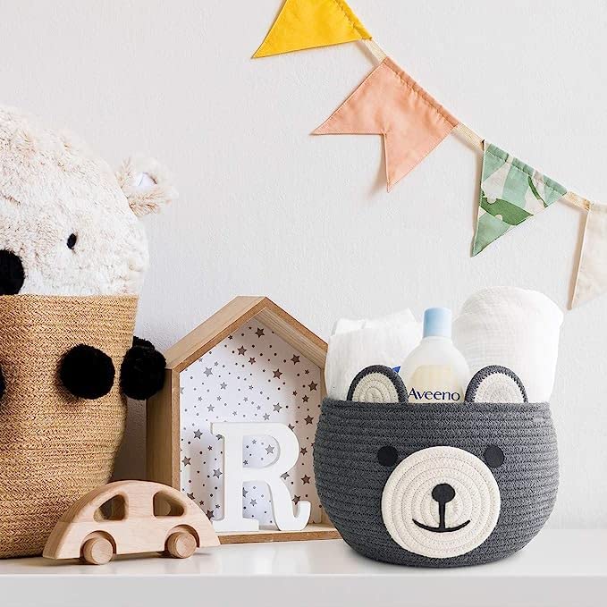 Dark Grey Cotton Rope Bear Face Matka Storage Basket