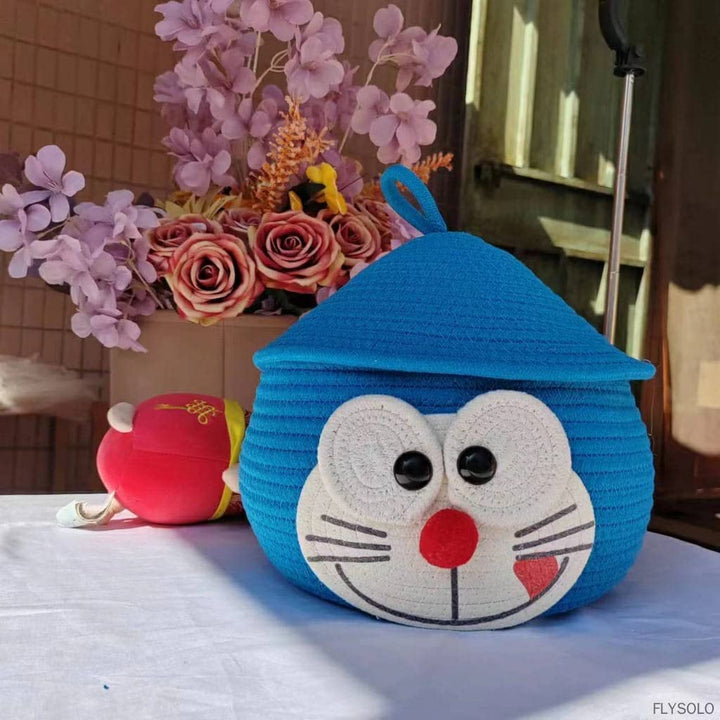 Blue Doraemon Cotton Rope Matka Storage Basket with Lid