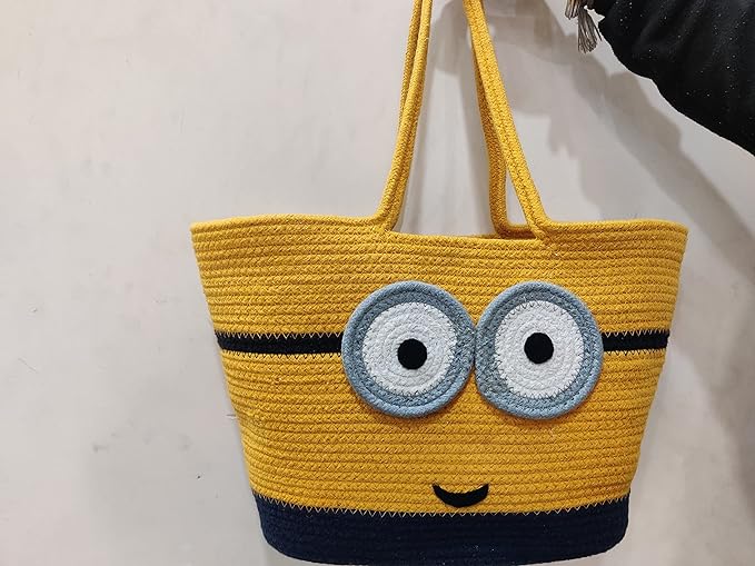 Yellow Cotton Rope Cartoon Eye Storage Basket with Handles