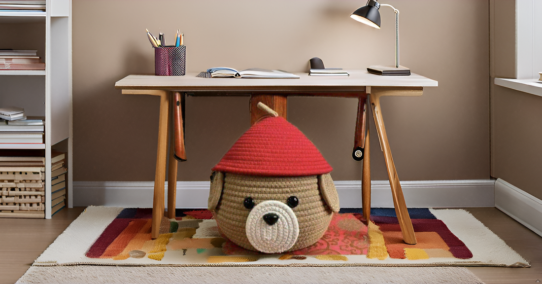 Brown & Red Cotton Rope Dog Face Matka Storage Basket