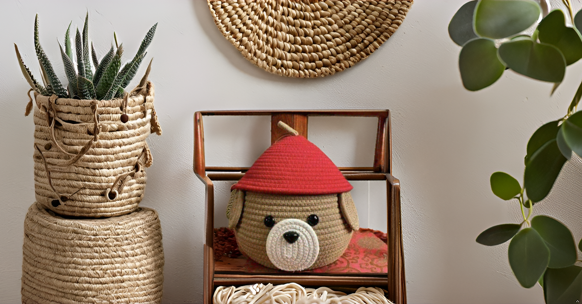 Brown & Red Cotton Rope Dog Face Matka Storage Basket