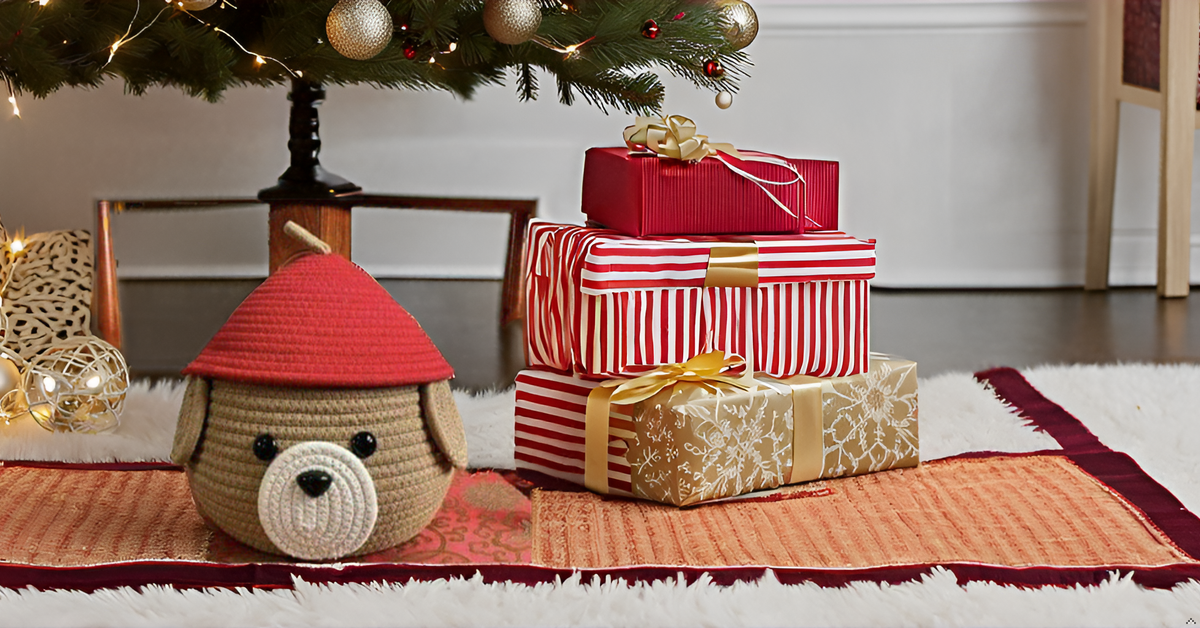 Brown & Red Cotton Rope Dog Face Matka Storage Basket