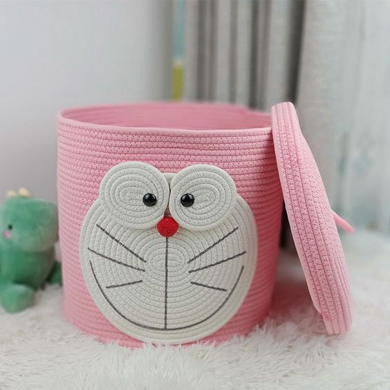 Pink Doraemon Storage Basket with Lid Cute Toy Organizer Box