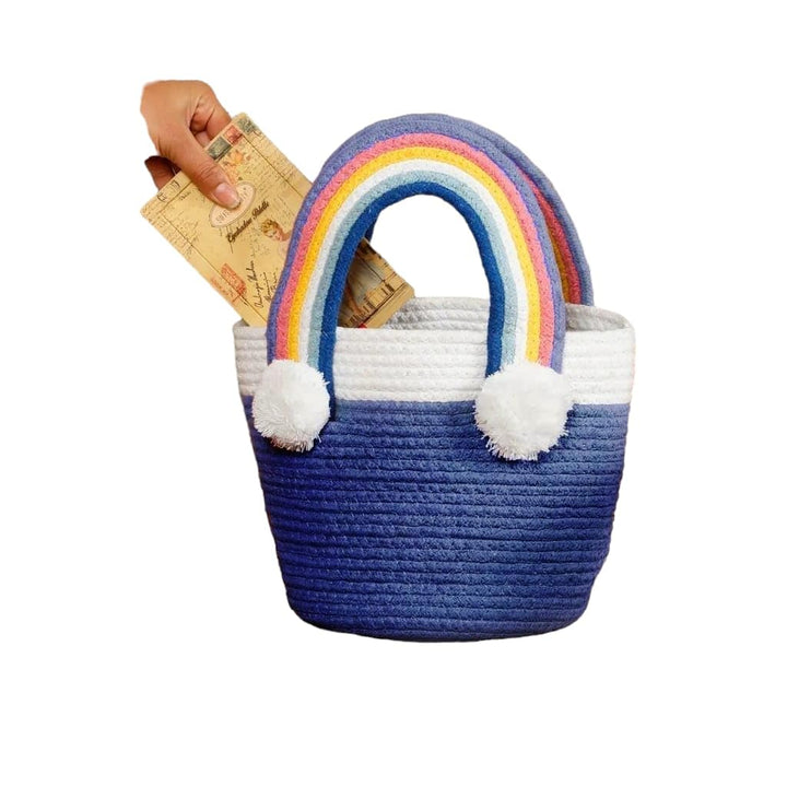 Blue White Rainbow Cotton Rope Storage Basket Organizer
