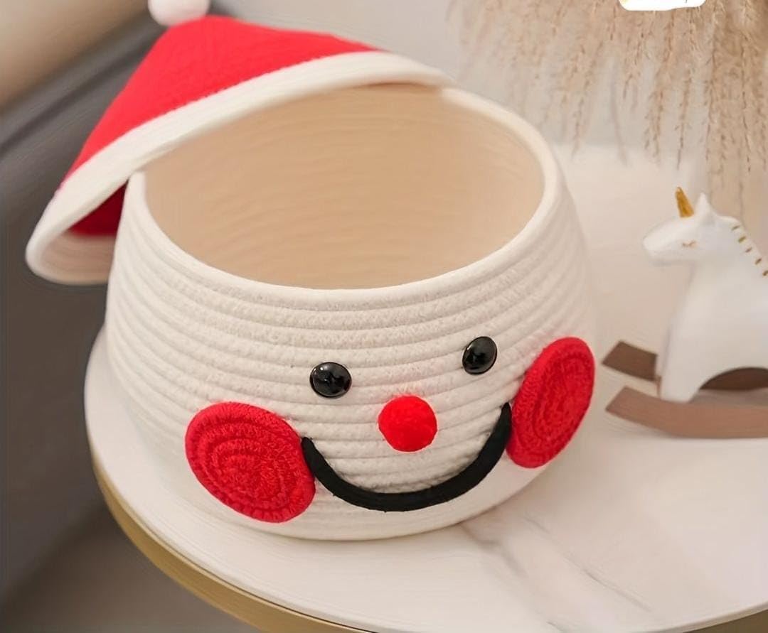 Cream & Red Cotton Rope Santa Face Matka Storage Basket