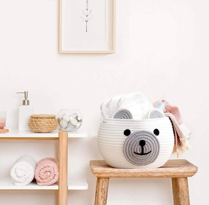 White & Grey Bear Face Cotton Rope Matka Storage Basket
