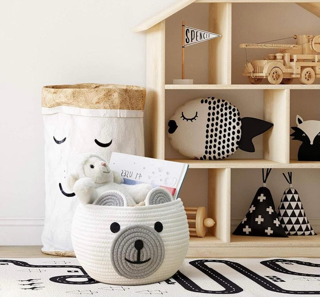 White & Grey Bear Face Cotton Rope Matka Storage Basket
